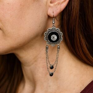 Silver Tone Chain Dangle Earrings Medallion Black Rhinestone Statement